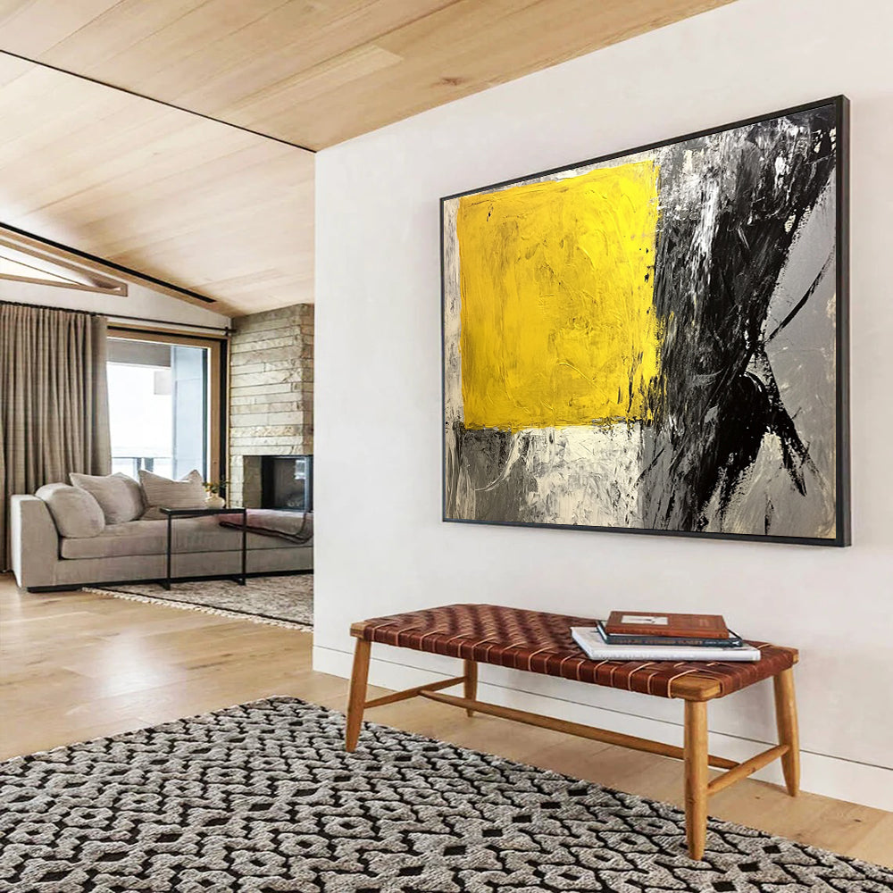 “Yellow - Black Abstract Blocks” - Yellow, Black, Gray - Painting On Canvas HB1409