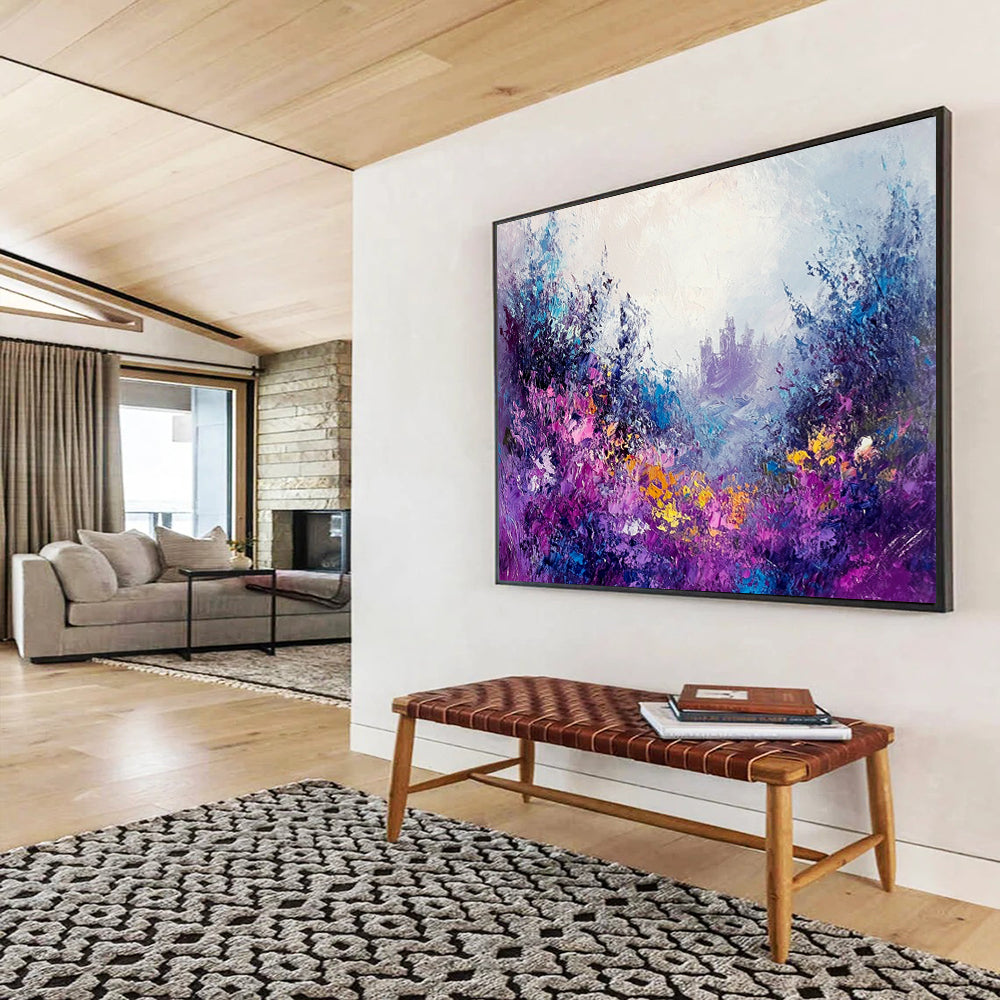 Purple - Hued Floral Fantasy with Castle - Dreamy Impasto Landscape Painting On Canvas HB0436