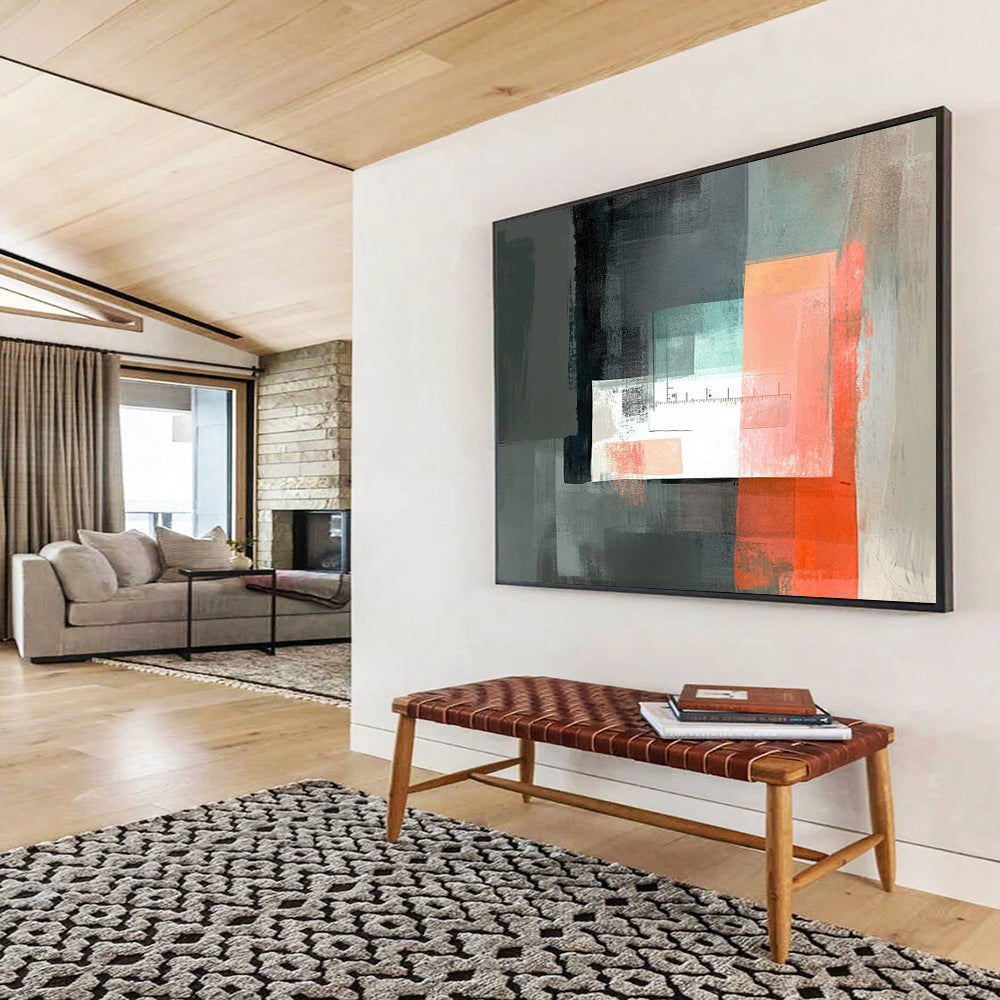 “Abstract Geometric with Ruler” - Gray, Coral, Teal, Geometric Shapes with Ruler Painting On Canvas HB0861