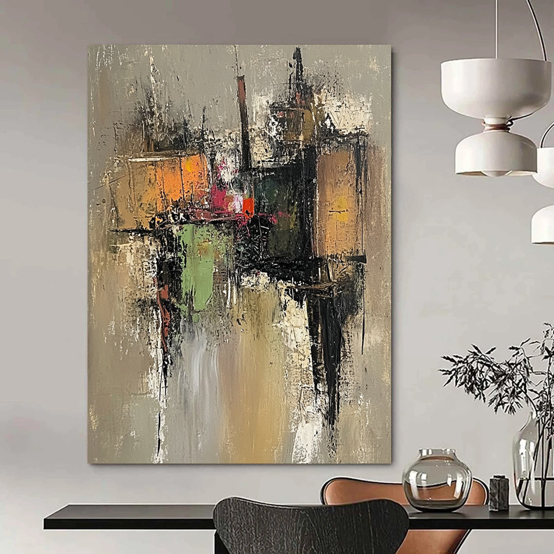 Large contemporary hand-painted abstract artwork featuring an old village with muted colors and visible brushstrokes on a grayish-brown background. DLZ0960