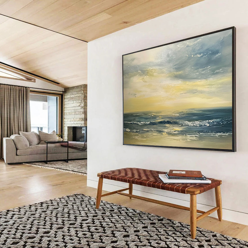 “Golden Ocean Sunset” - Yellows, Oranges, Blues, Ocean at Sunset - Palette Knife Oil Painting HB1598