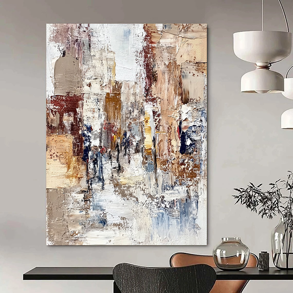 Contemporary hand-painted abstract artwork featuring textured streets and figures in an old European city with rich colors and intricate details. DLZ1005