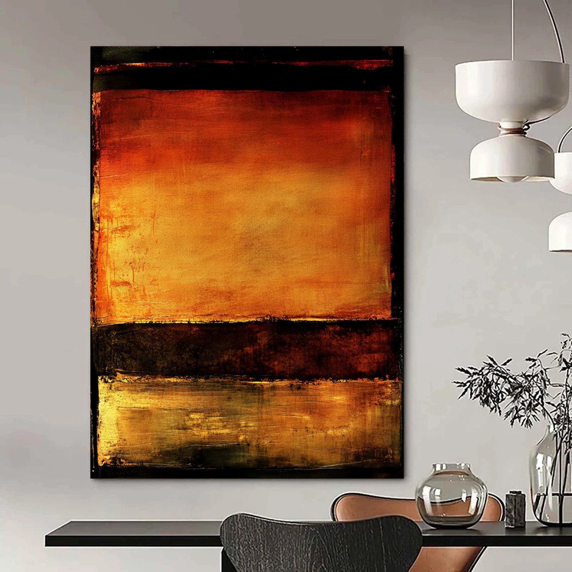 Contemporary abstract artwork features vibrant orange and brown hues with water reflections set against a dark background framed by a bold black border. DLZ0937