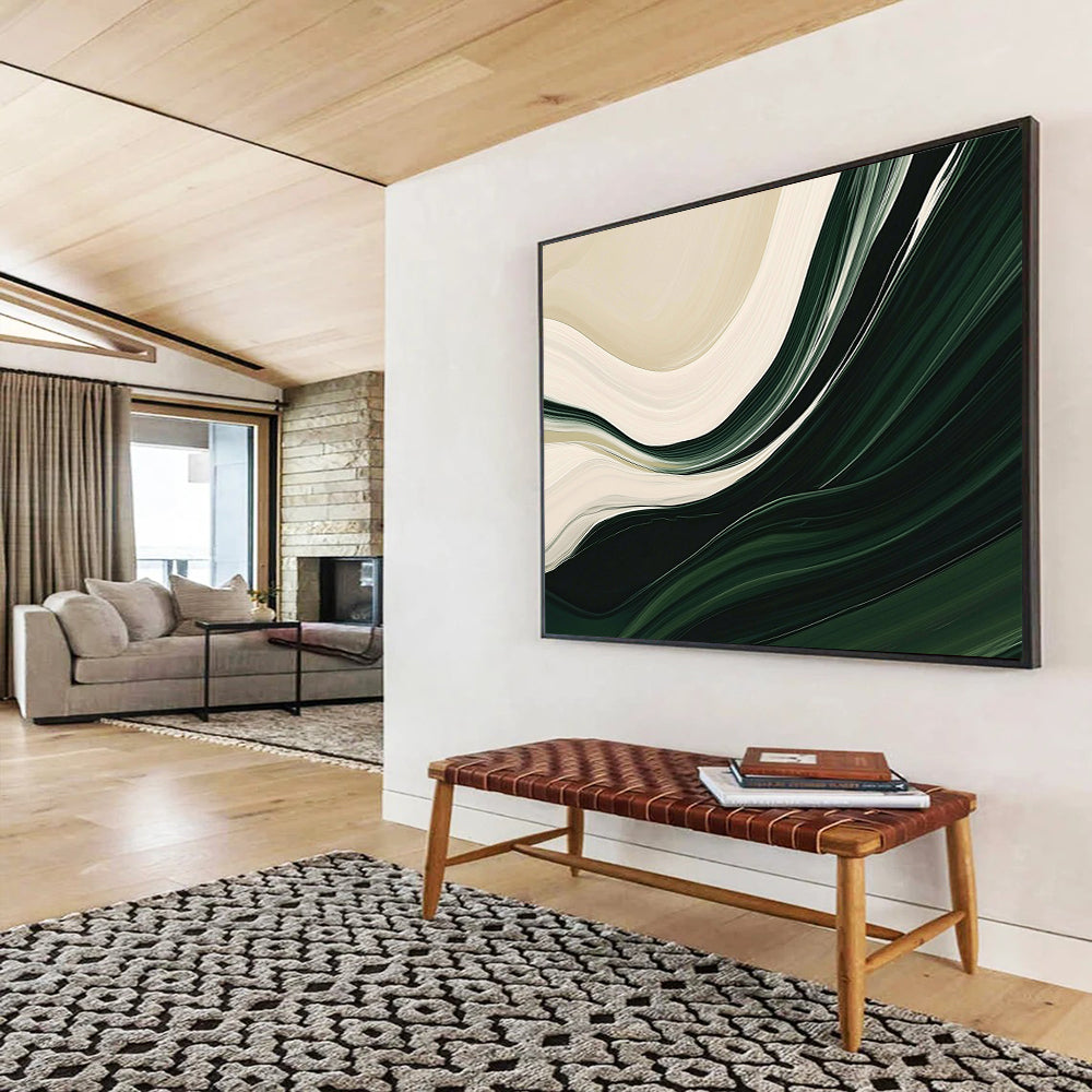 “Flowing Green and White Abstract” - Green, White, Curved Textures Painting On Canvas HB0889