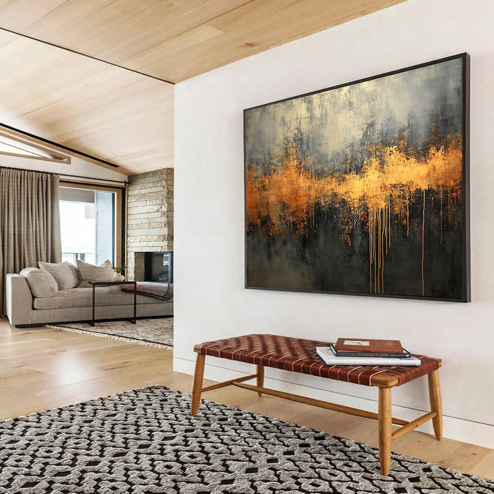“Gothic Gold Drip” - Gray, black, gold; Dramatic gold drips on dark; Oil Painting On Canvas HB1211