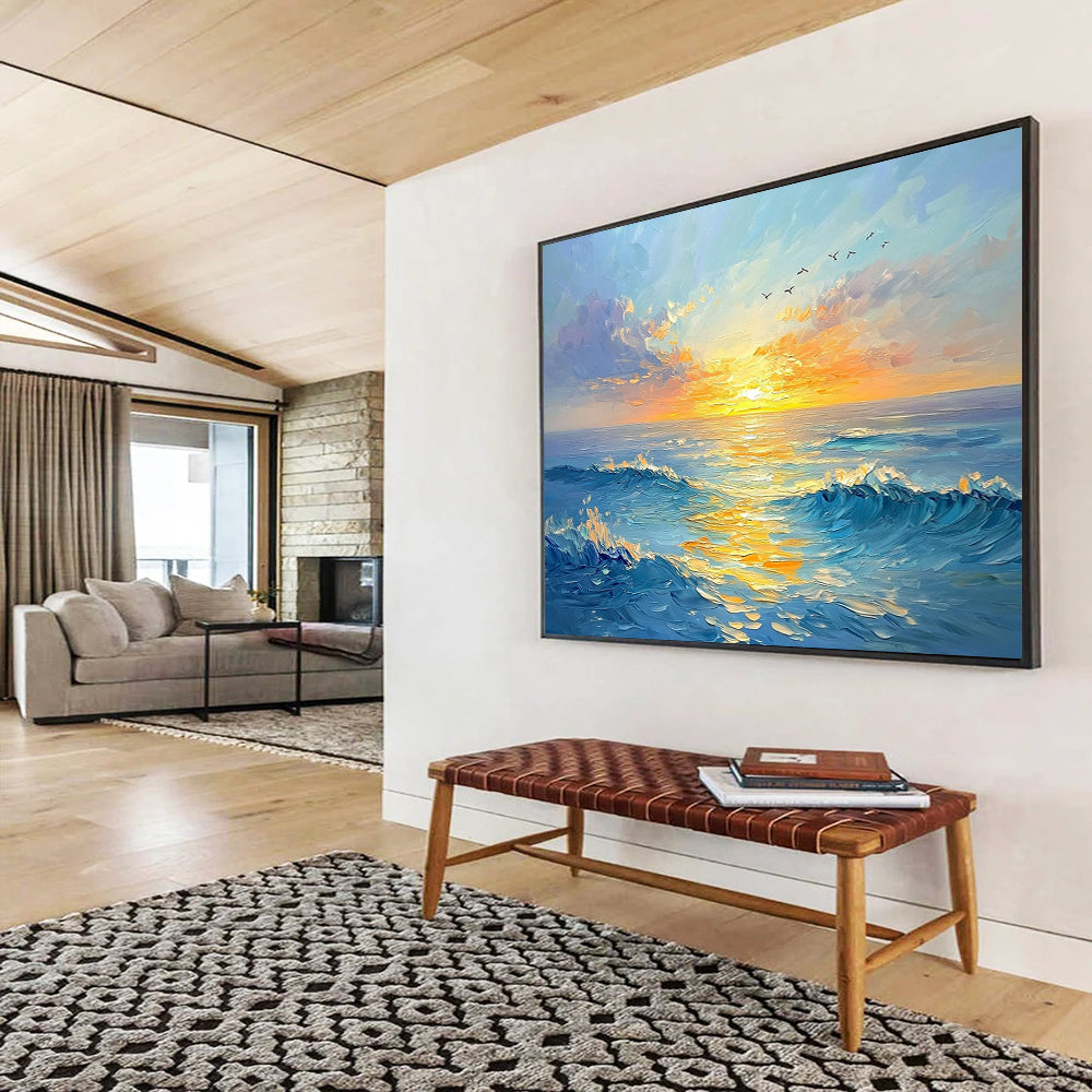 “Sunset Sea Symphony” - Blues, Oranges, Yellows, Seascape with Sunset and Birds - Impasto Oil Painting HB1756