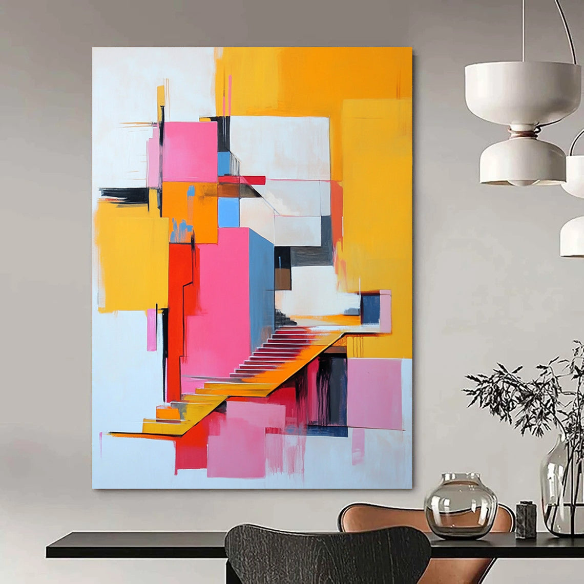 Vibrant contemporary abstract art featuring a pink and yellow building with stairs, inspired by modern artistic expressions. DLZ1377