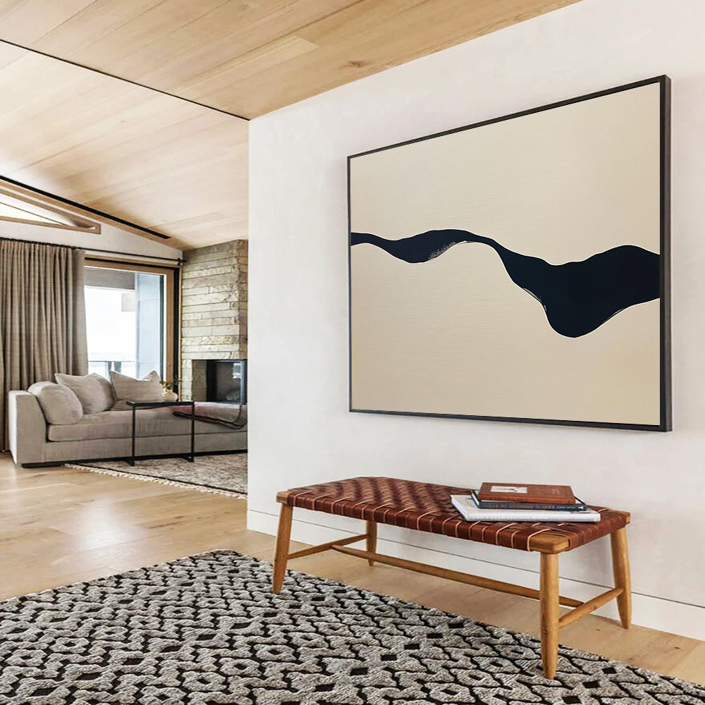 “Irregular Black Stream on Beige” - Black, Beige, Wavy Irregular Form - Abstract Acrylic Painting HB1667
