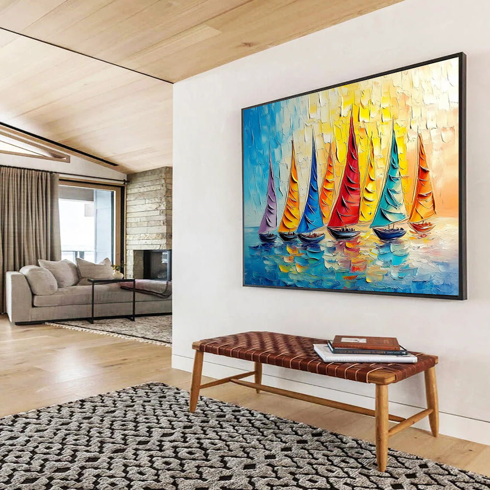 “Rainbow Sailboat Regatta” - Vivid Purples, Oranges, Blues, Colorful Sailboats - Impasto Oil Painting HB1735