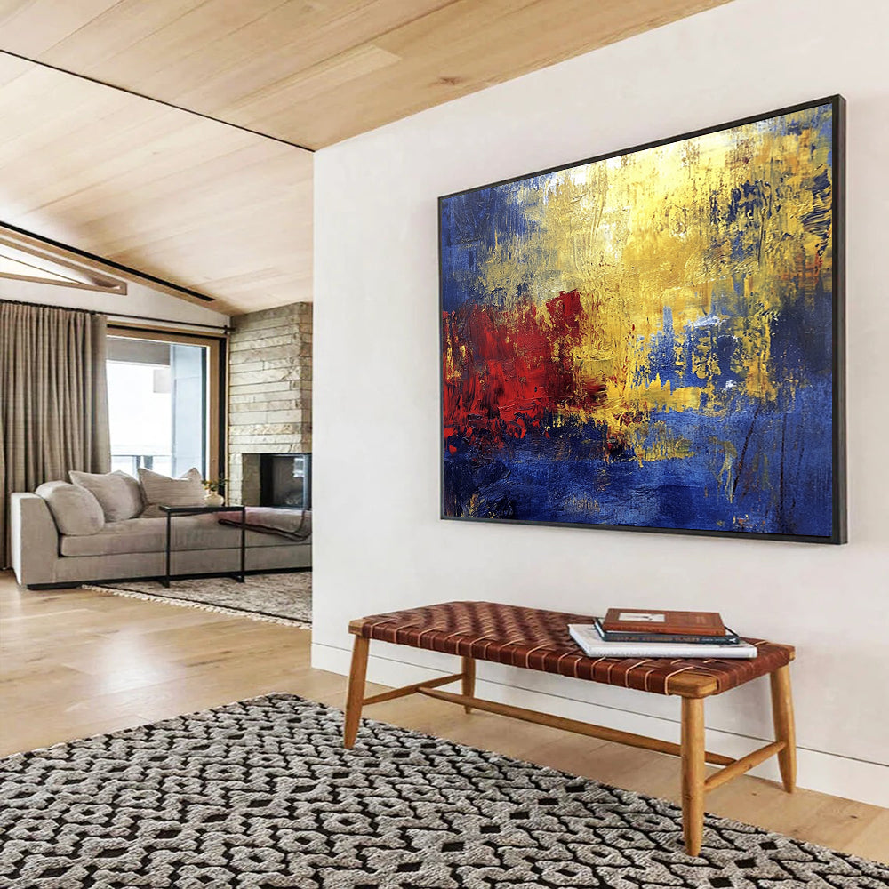 “Golden Red Abstract” - Blue, Gold, Red, Textured Color Blocks Painting On Canvas HB0945