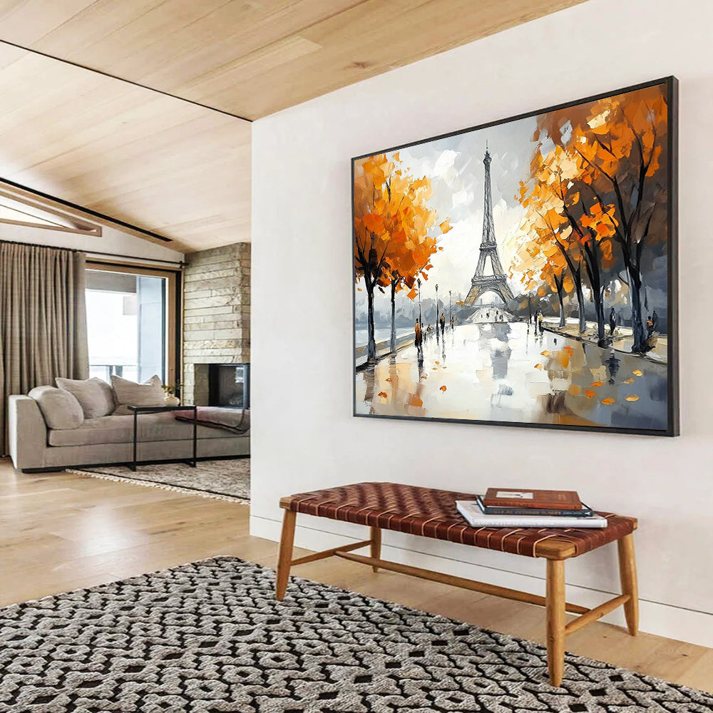 Gray, Orange, Blue and White Eiffel Tower Scene "Parisian Autumn" Painting On Canvas HB0665