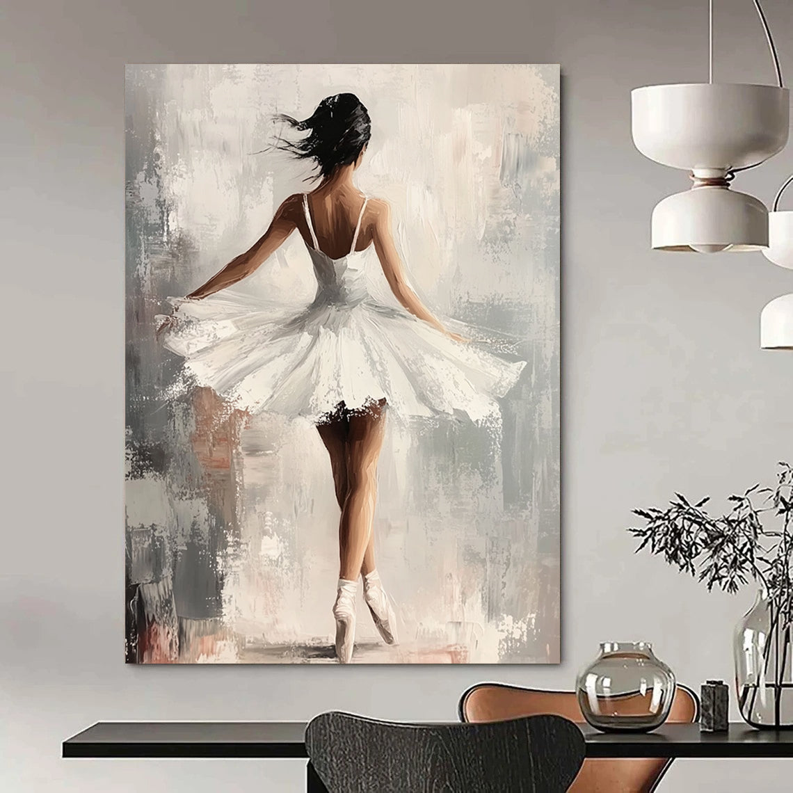 Contemporary hand-painted abstract art featuring an elegant ballerina in a white dress with graceful movements set against a soft gray and neutral background. DLZ1121