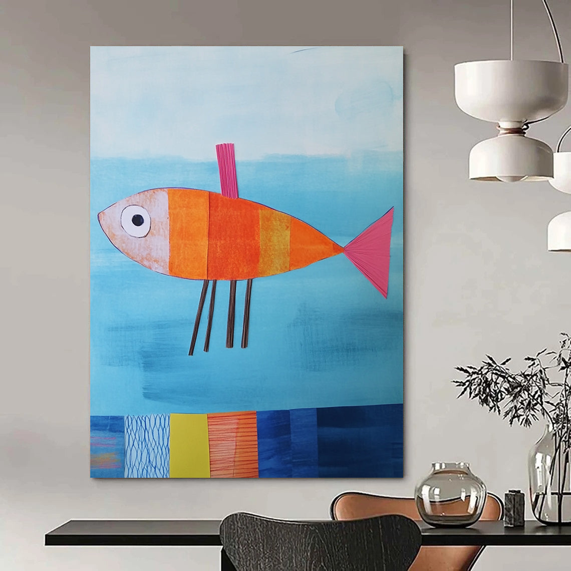 Contemporary abstract artwork features a paper fish in blue water with colorful details and textured fins against a playful backdrop. DLZ1260