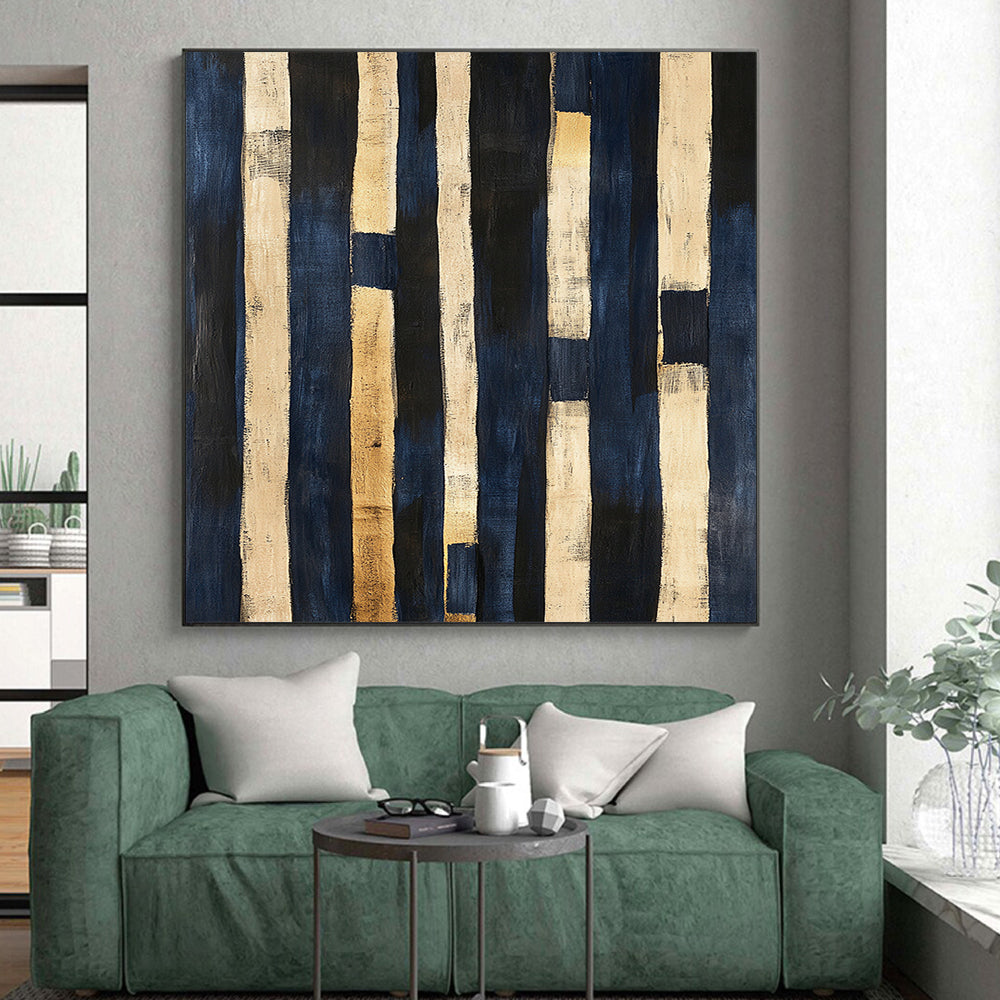 Navy Blue, Beige, Gold, Vertical Stripes "Coastal Rhythm" Abstract Nautical - Inspired Painting On Canvas HB043