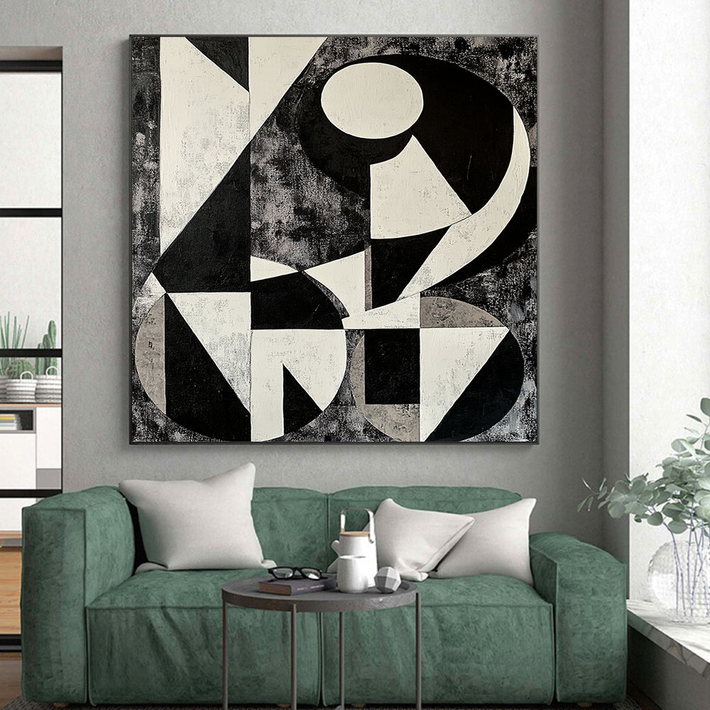 Black, White and Gray Geometric Abstraction "Monochrome Maze" Painting On Canvas HB392