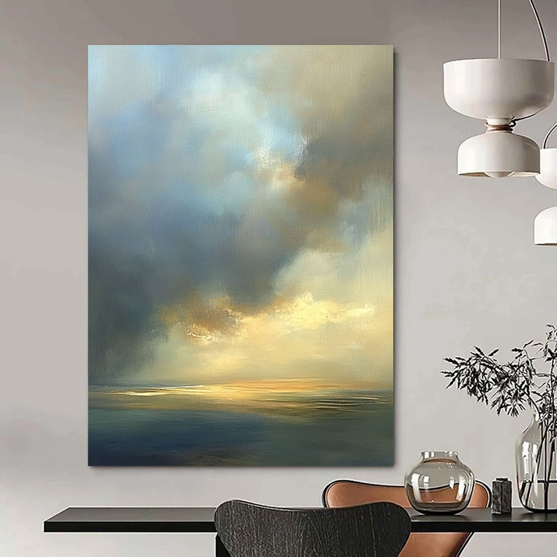 Contemporary abstract oil painting featuring an expansive sky in muted beige and blue tones with soft edges and atmospheric clouds. DLZ0888