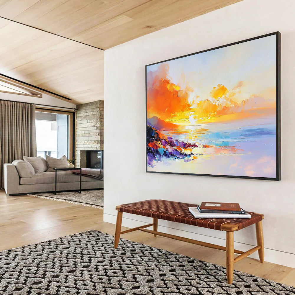 “Vibrant Sunset Coast” - Fiery Oranges, Yellows, Pinks, Colorful Coastal Cliffs - Impasto Oil Painting HB1738