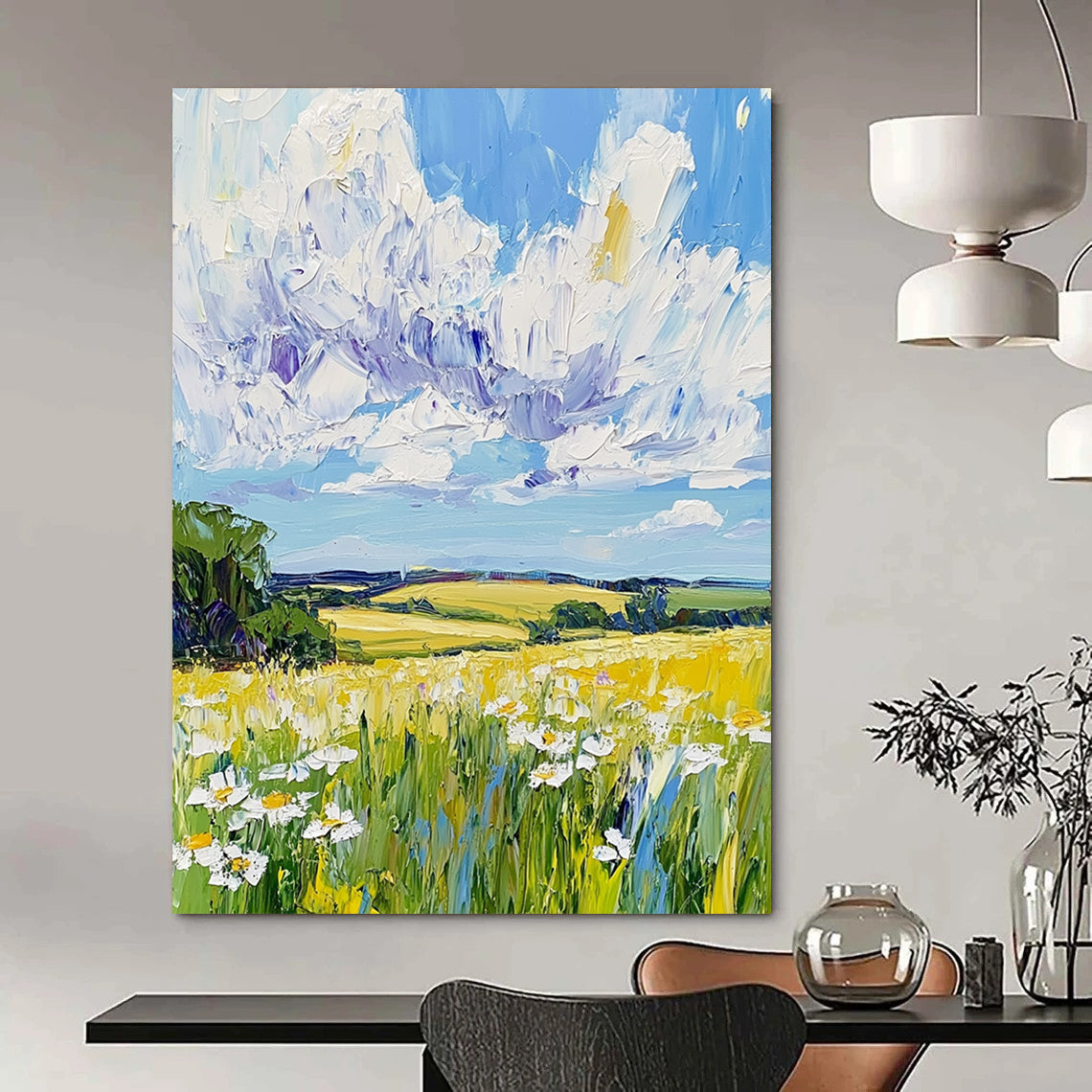 Contemporary abstract painting features vibrant fields and daisies under a blue sky, showcasing dynamic impasto brush strokes in a captivating landscape. DLZ1286