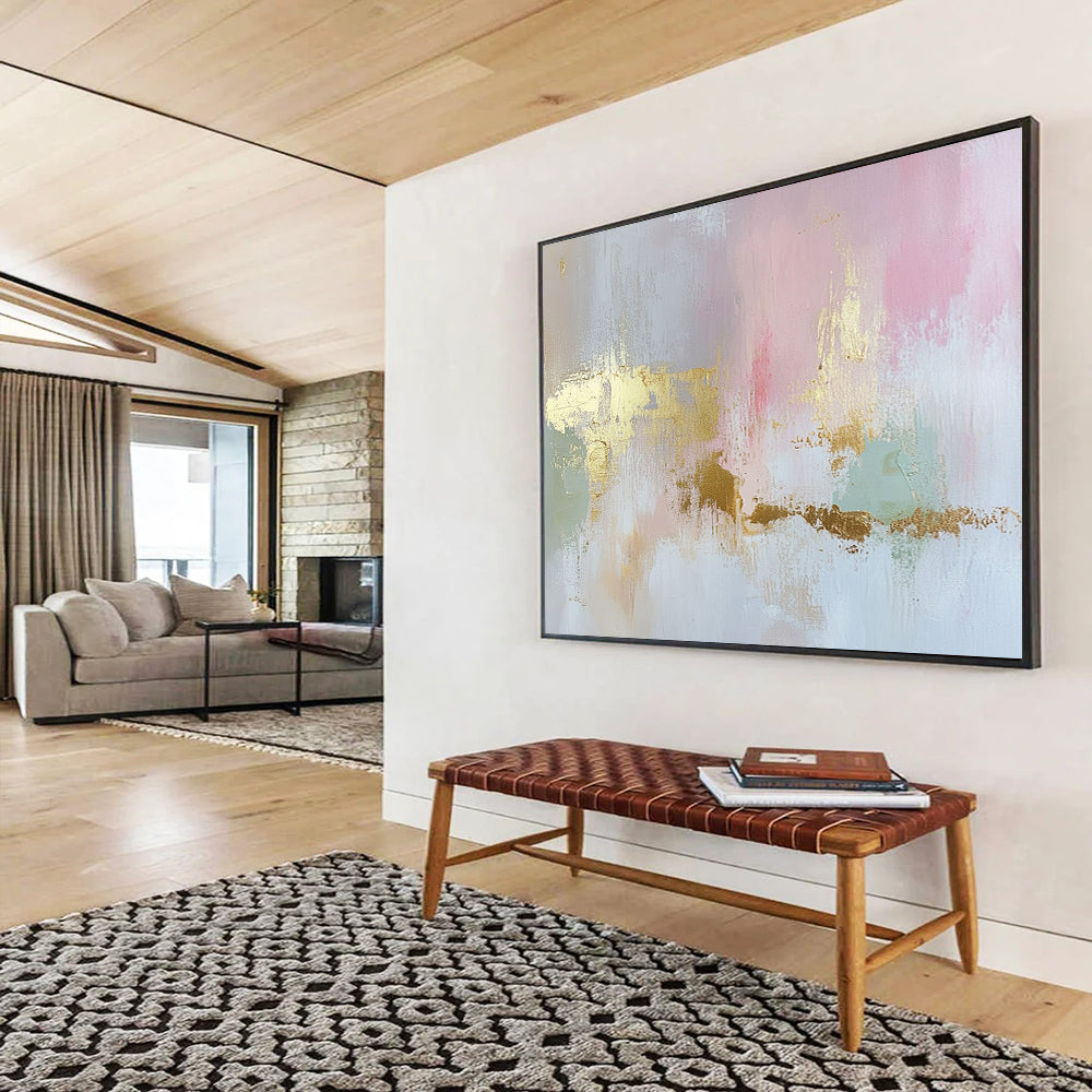 “Blush and Gold Elegance” - Pink, Gold, Gray, Green, Soft Textures - Abstract Minimalist - Inspired Acrylic Painting HB1554