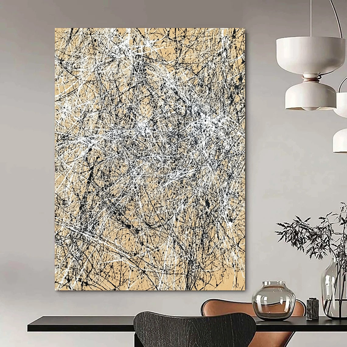 Contemporary hand-painted abstract art features intricate light brown and black crosshatching creating energetic movement and depth on canvas. DLZ0985