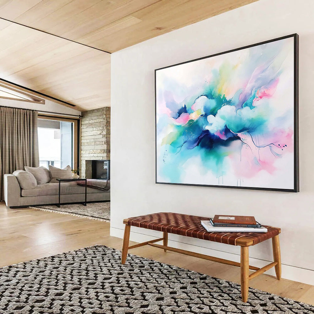 “Colorful Cloud Drift” - Blue, Pink, Green, Watercolor - like Abstract Clouds Painting On Canvas HB1046