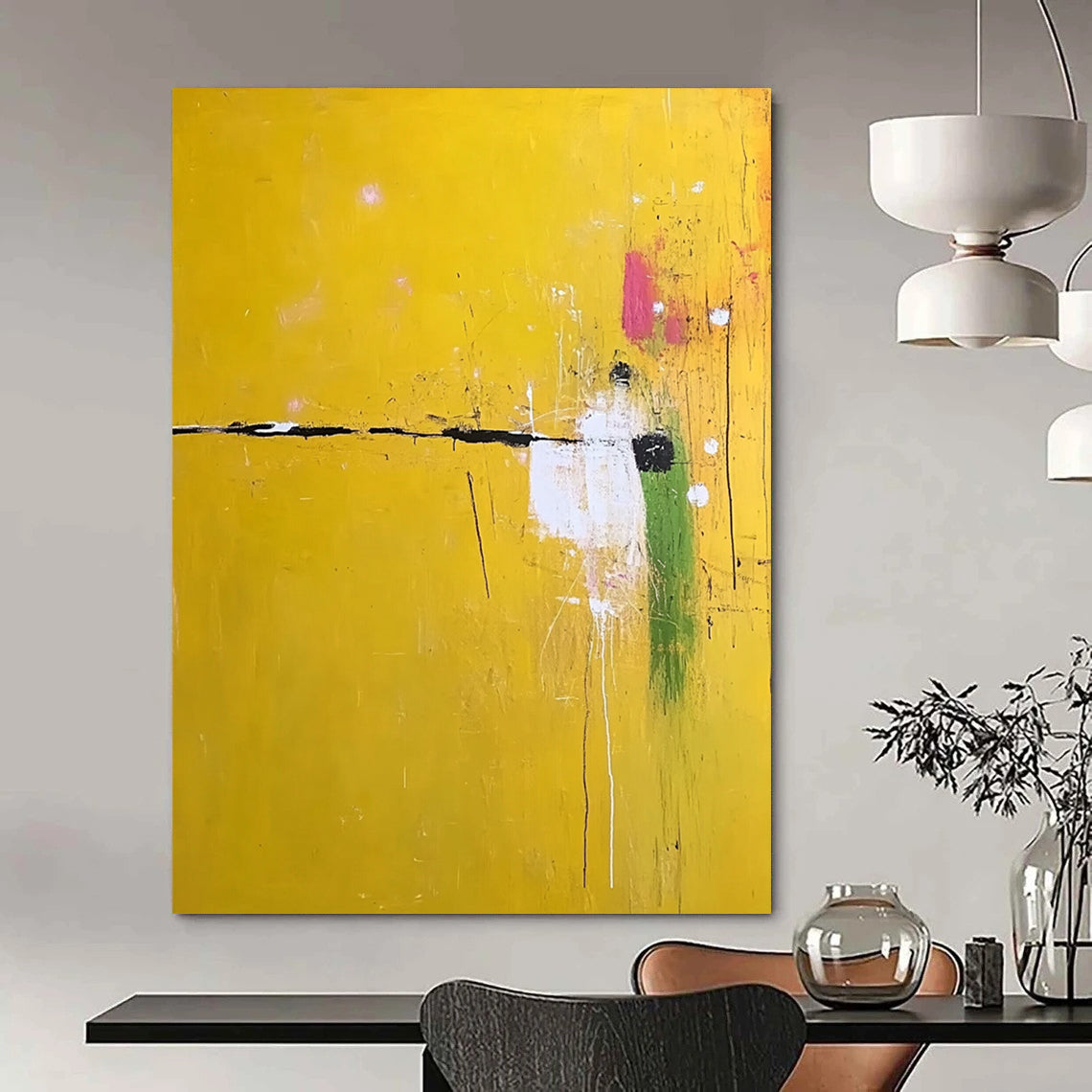 Contemporary large abstract painting featuring vibrant yellow shades with subtle white and green accents adds sophistication to any space. DLZ1296