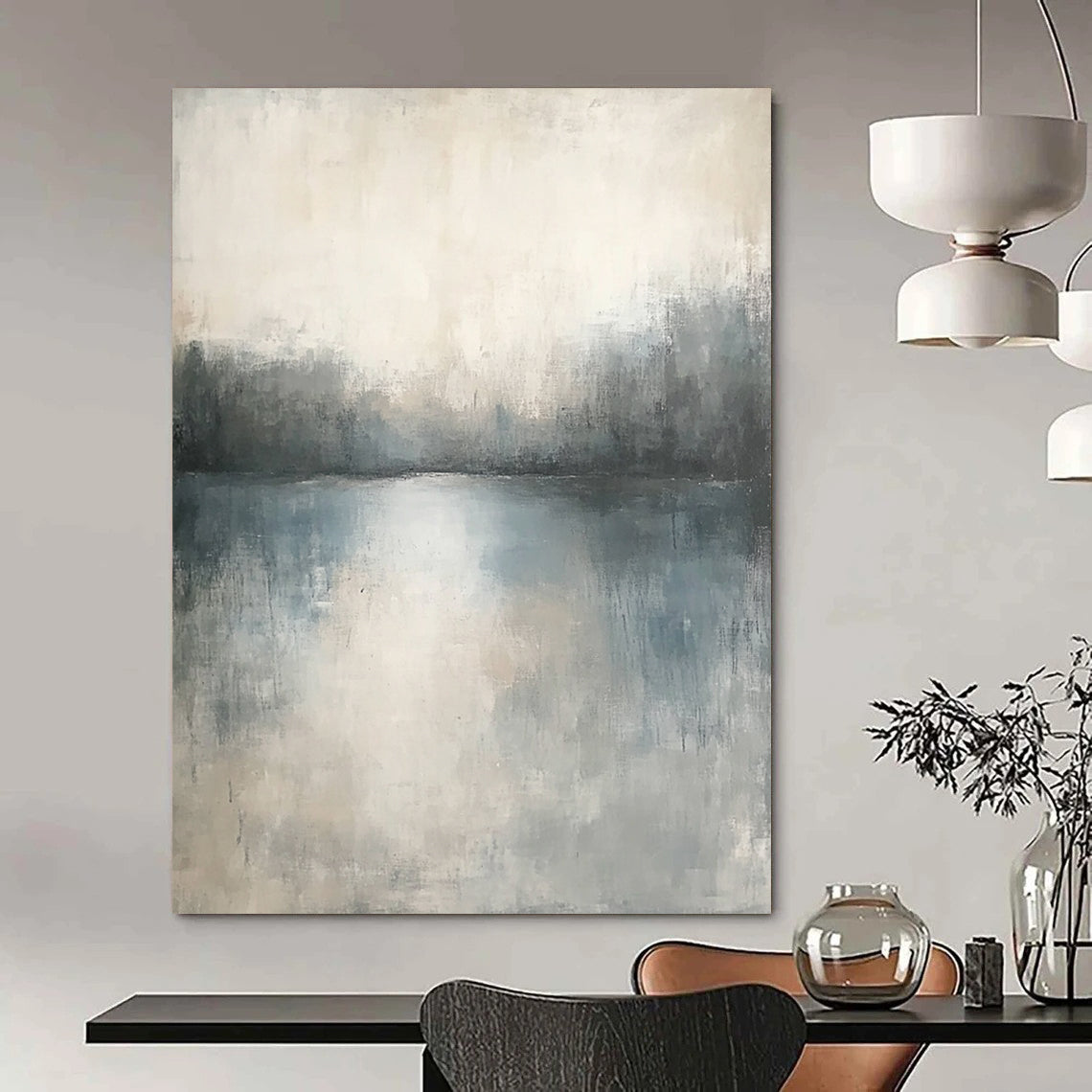Contemporary abstract painting featuring muted tones and soft textures creating a serene, dreamlike landscape with subtle gradients and blurred edges. DLZ0443