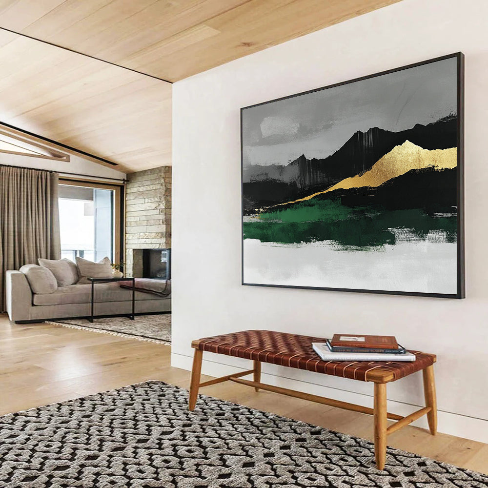 “Gold - Mountain Landscape with Green” - Gold, Green, Black, Gray, Mountain Shapes Painting On Canvas HB0808
