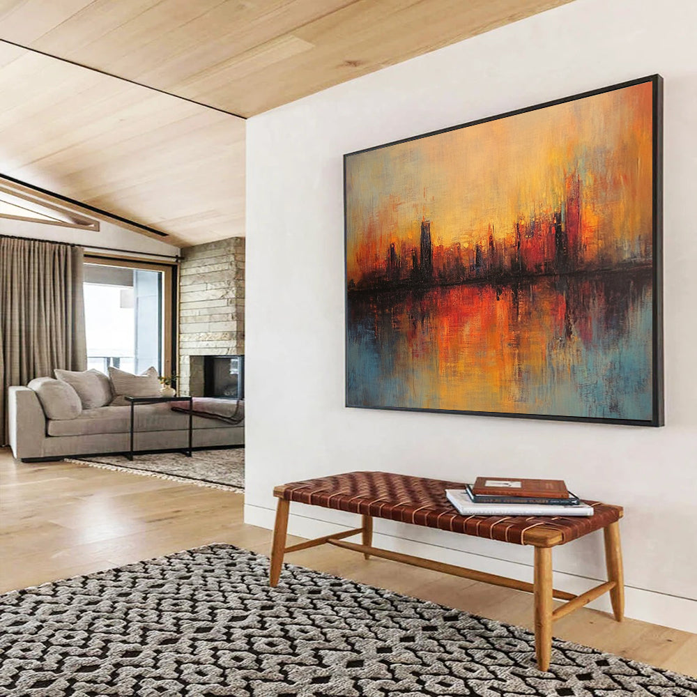 “Sunset City Reflection” - Orange, Red, Blue, Abstract City Sunset Reflection HB1135