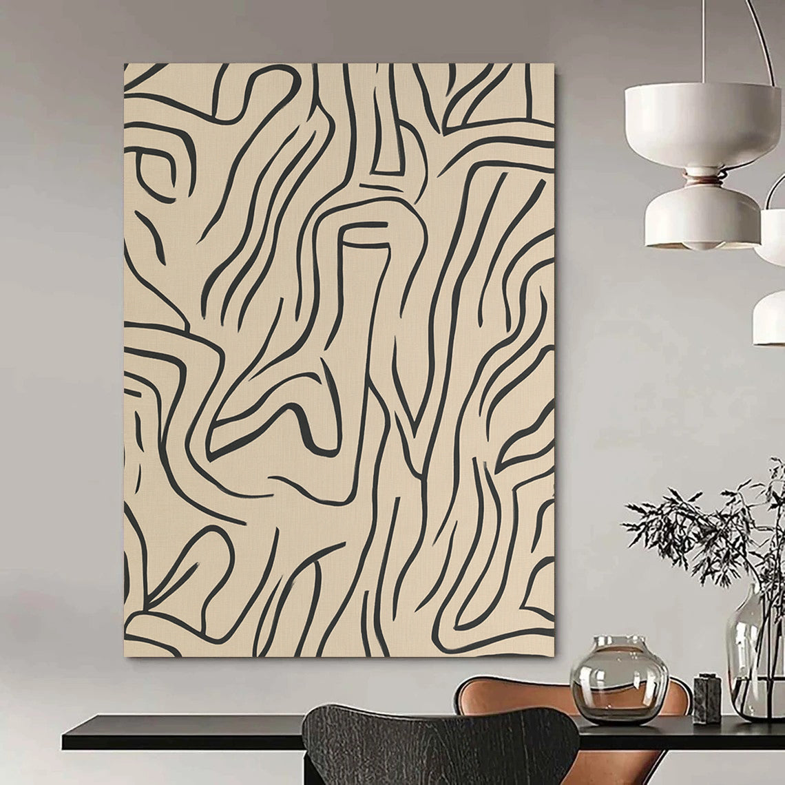 Contemporary abstract artwork featuring beige lines and shapes on a grey background, inspired by Matisse in elegant black ink. DLZ1072