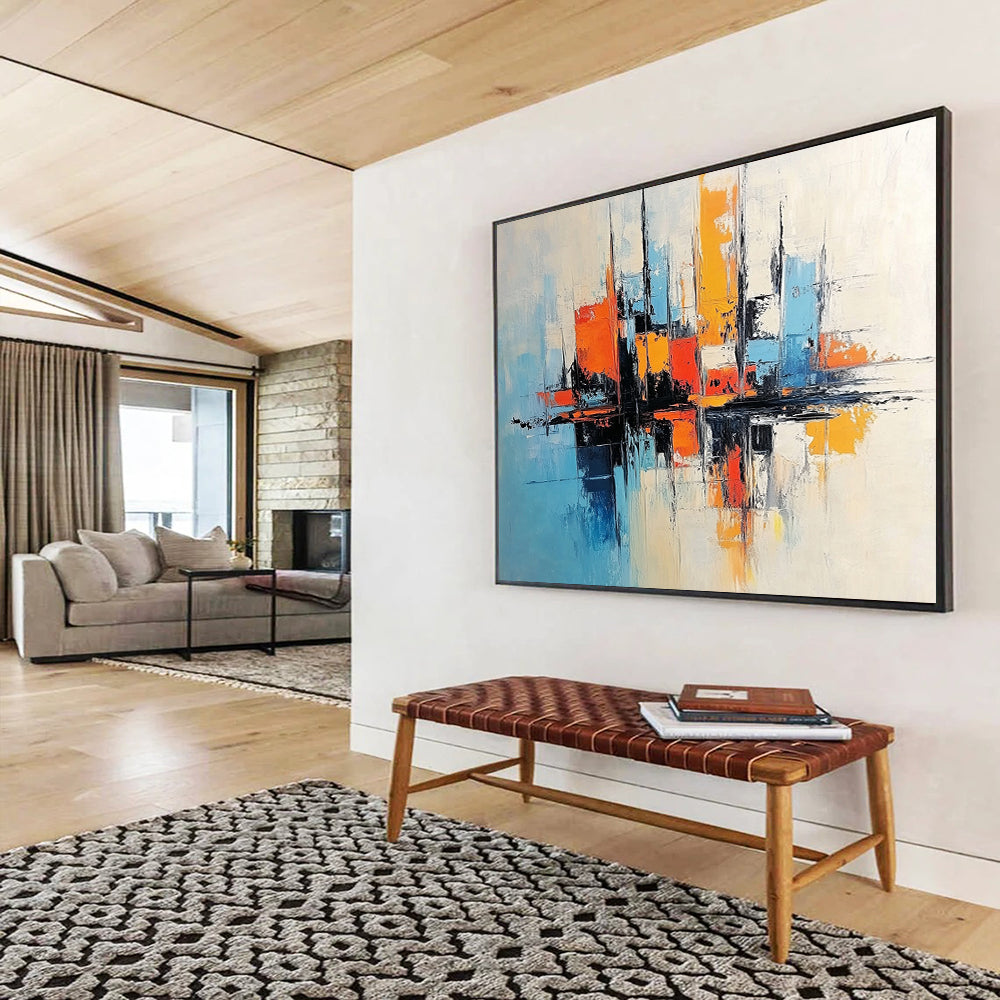“Minimalist City Abstraction” - Blue, Orange, White, Abstract City Forms Painting On Canvas HB0987