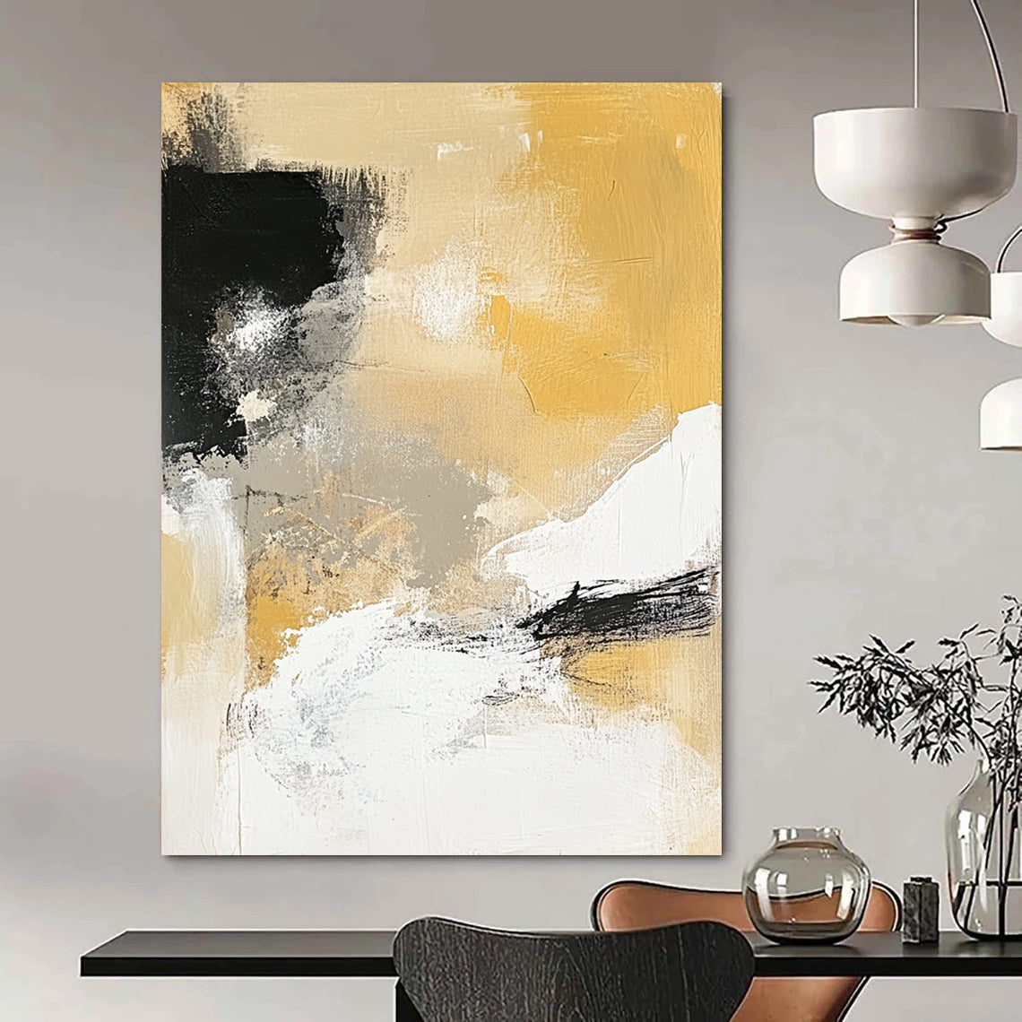 Contemporary hand-painted abstract artwork featuring neutral tones in black and white combined with vibrant yellow for a striking visual impact. DLZ0278