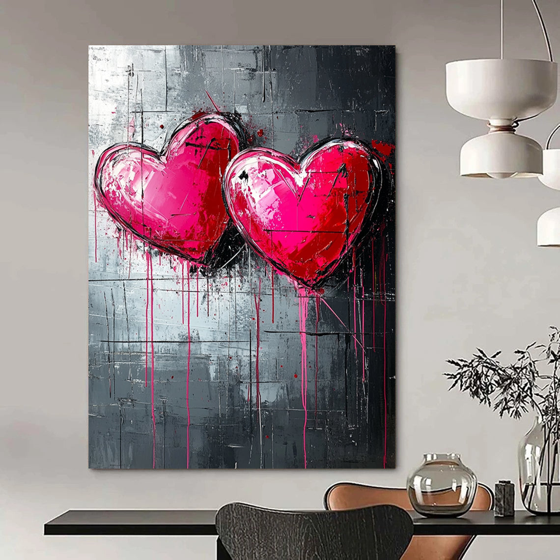 Bold contemporary abstract art featuring three pink and red hearts on a textured dark grey backdrop with dripping paint lines inspired by graffiti style. DLZ0263