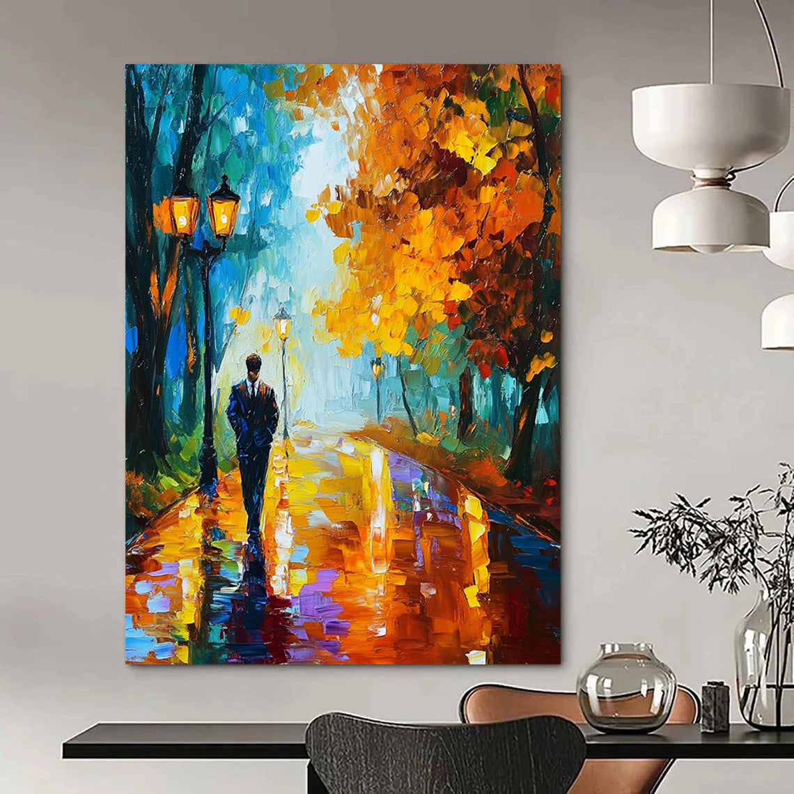 Vibrant contemporary abstract painting of a man strolling through an autumn park filled with colorful trees and glowing street lamps reflecting rain on his suit. DLZ1305