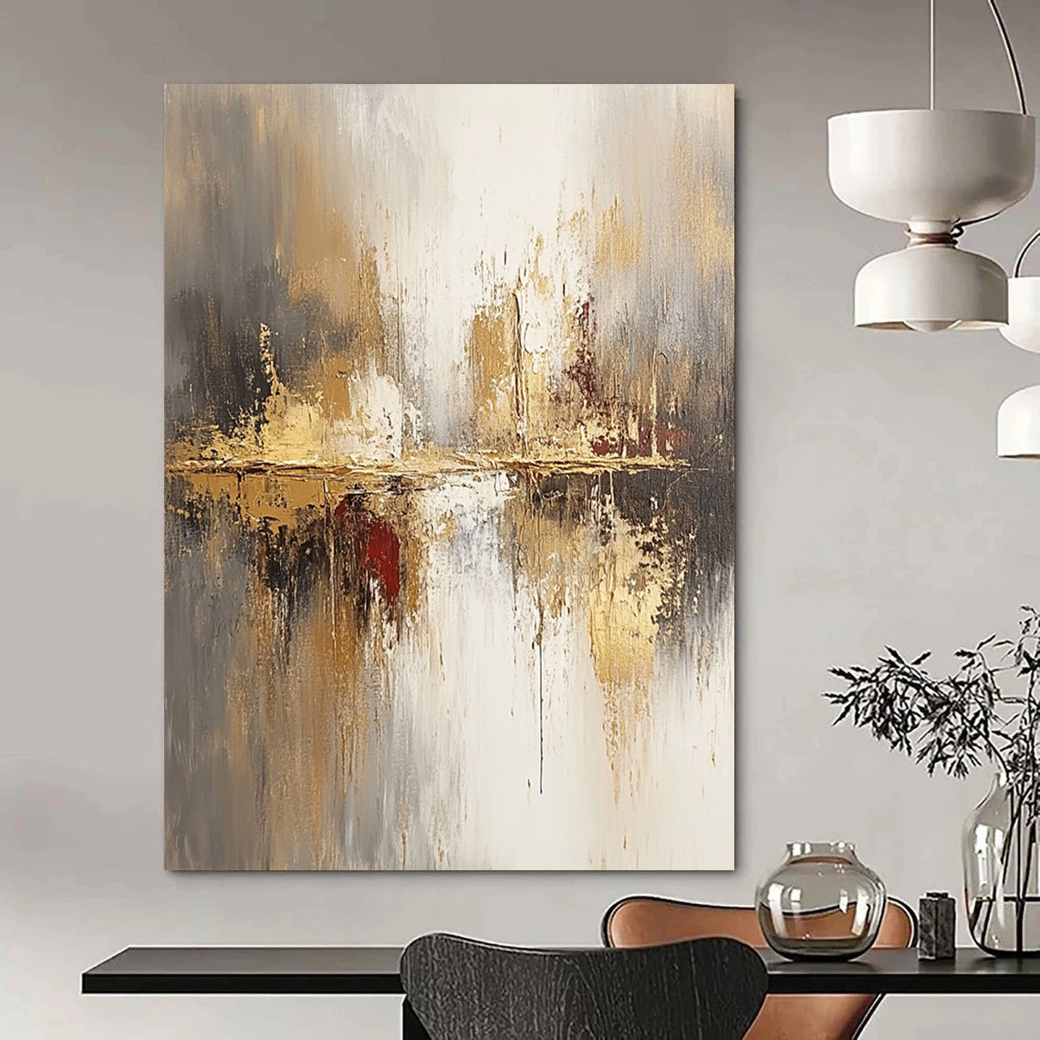 Large contemporary abstract painting featuring soft beige and gray tones enhanced with gold accents and a blurred background for a modern aesthetic. DLZ0759