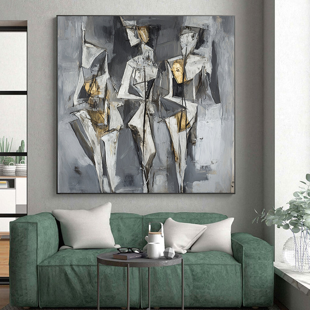 Gray, White, Black and Gold Cubist Figures "Ethereal Forms" Painting On Canvas HB375