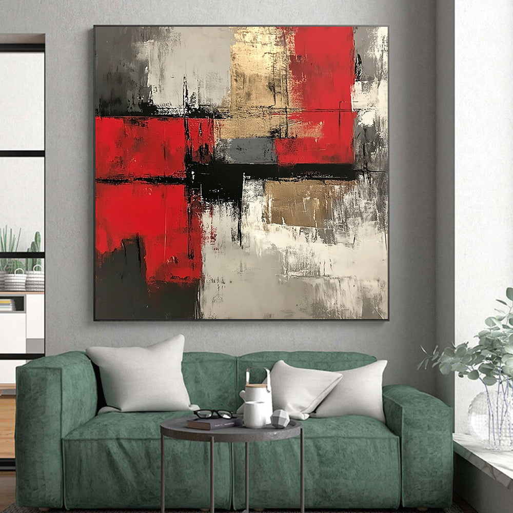 Red, Gray, Gold, Dynamic Blocks "Gilded Chaos" Abstract Expressionist Painting On Canvas HB143