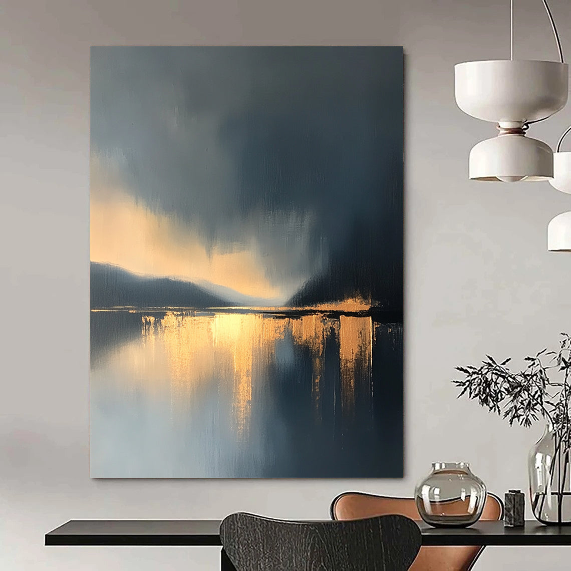 Large contemporary abstract painting features a lake and sky with golden light reflections and atmospheric clouds in minimalist modern art style. DLZ0470