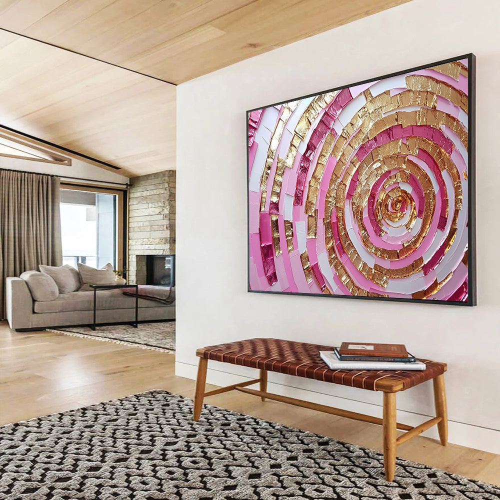 “Pink and Gold Spiral” - Shades of Pink, Gold, White, Layered Spiral Pattern - Mixed - Media Collage HB1727
