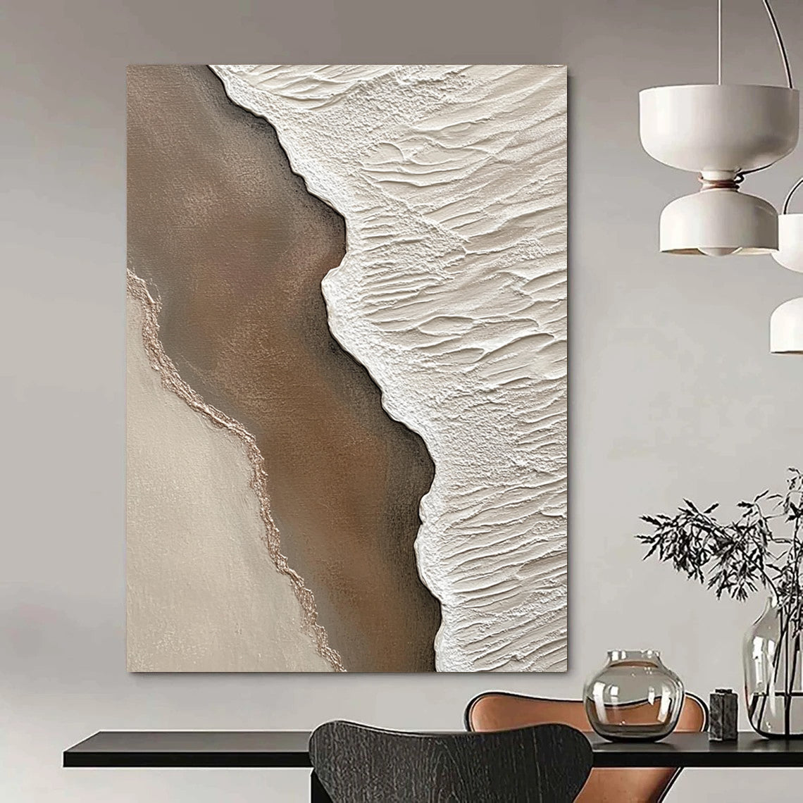 Contemporary abstract artwork highlighting textured sand and water at the beach with intricate details in brown and white creating a serene coastal atmosphere. DLZ1210