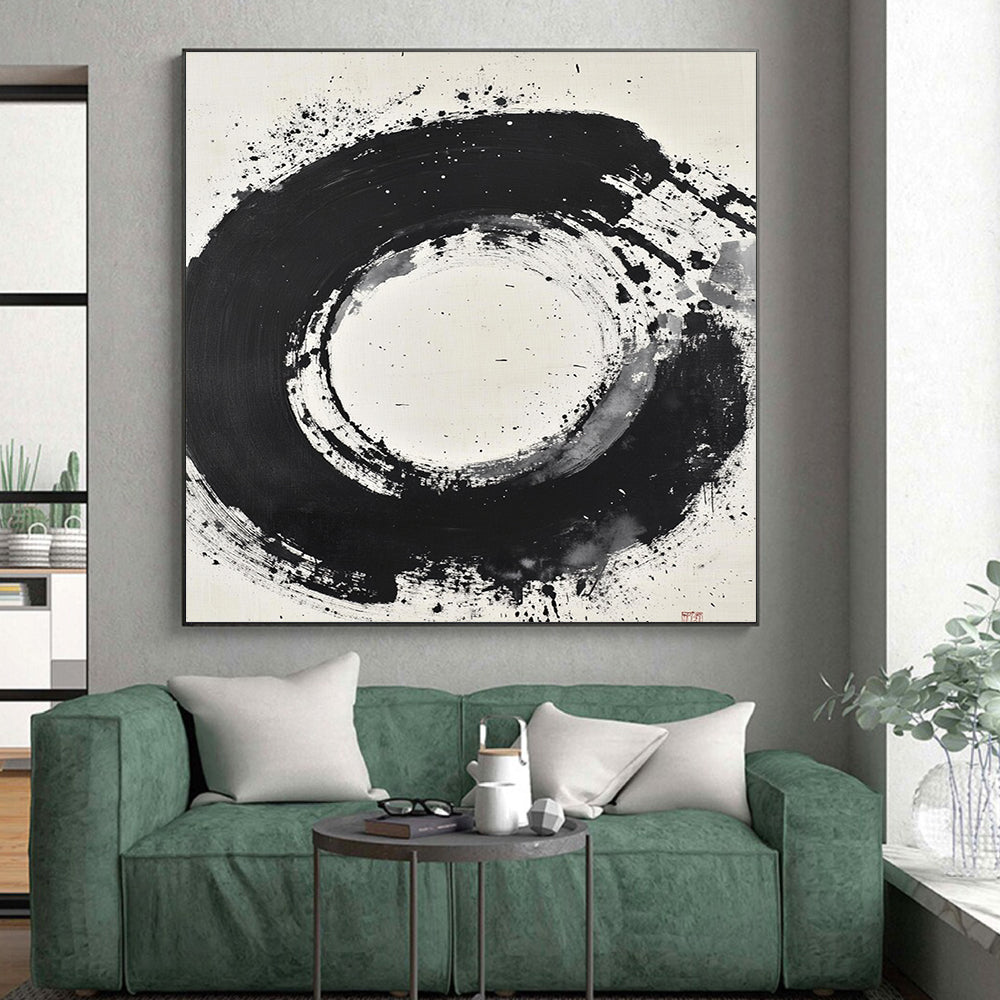 Black and White Splattered Circle "Cosmic Enso" Painting On Canvas HB280