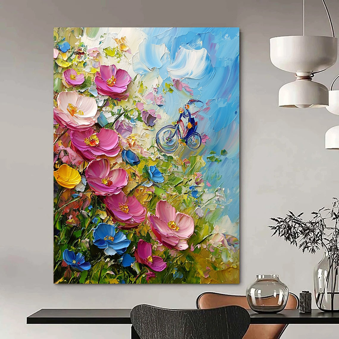 Contemporary hand-painted abstract art features vibrant pink and blue wildflowers, created using a palette knife in an expressive Impressionist style. DLZ1259