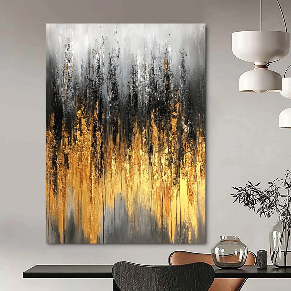 Large contemporary abstract painting featuring gray and gold tones with textured brushstrokes and delicate light effects on a soft background. DLZ0746