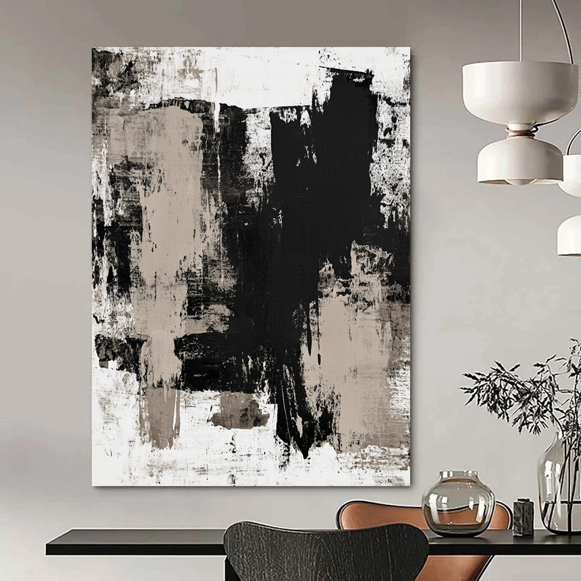 Contemporary hand-painted abstract art featuring beige tones on a white background with dark gray accents, adding elegance to any space. DLZ0294