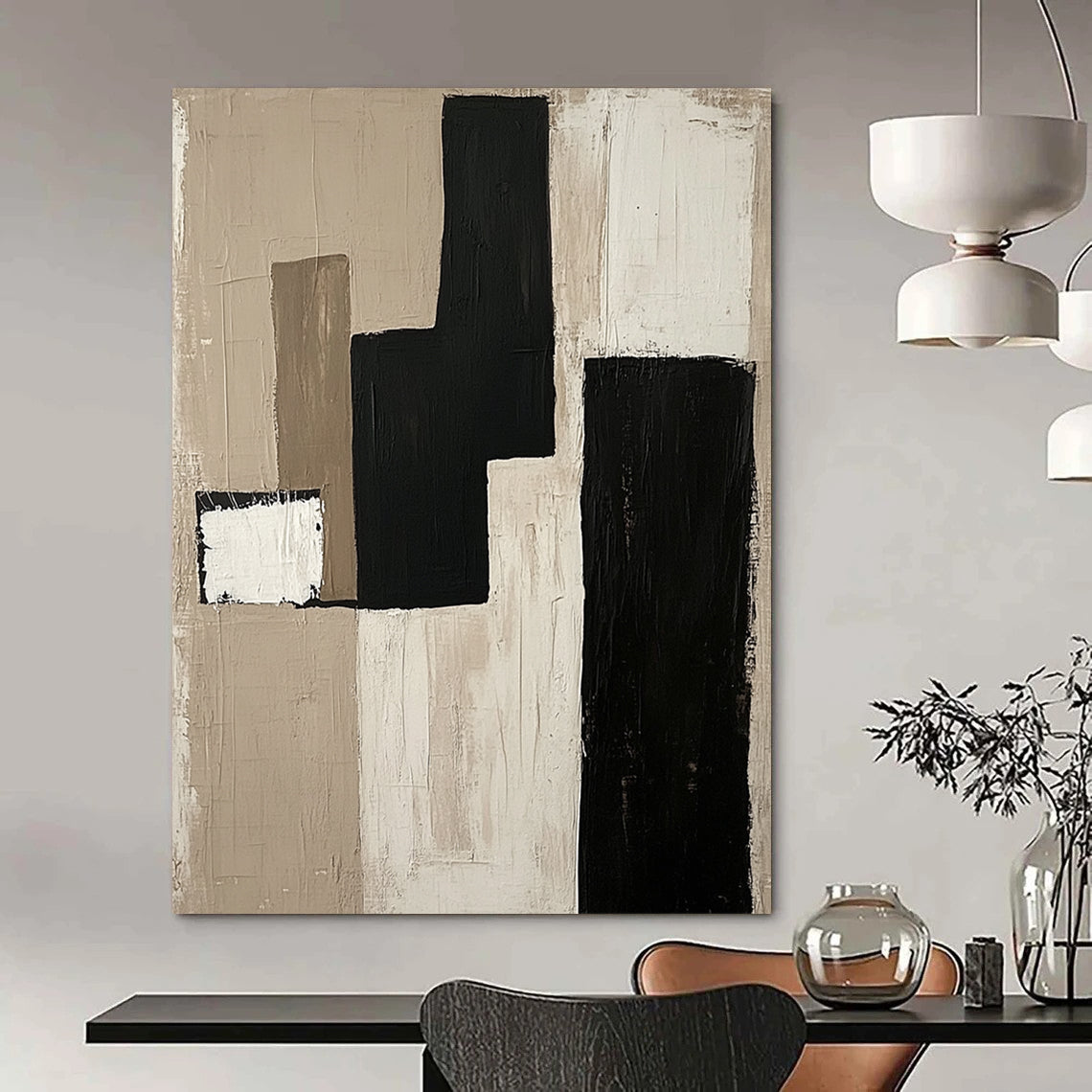 Contemporary hand-painted abstract artwork features minimalist composition with a monochromatic palette of beige black and white on unprimed canvas. DLZ0933