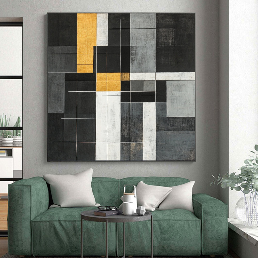 Black, White, Gold, Gray, Geometric Grid "Gilded Geometric Web" Abstract Neo - Plasticist Painting On Canvas HB163