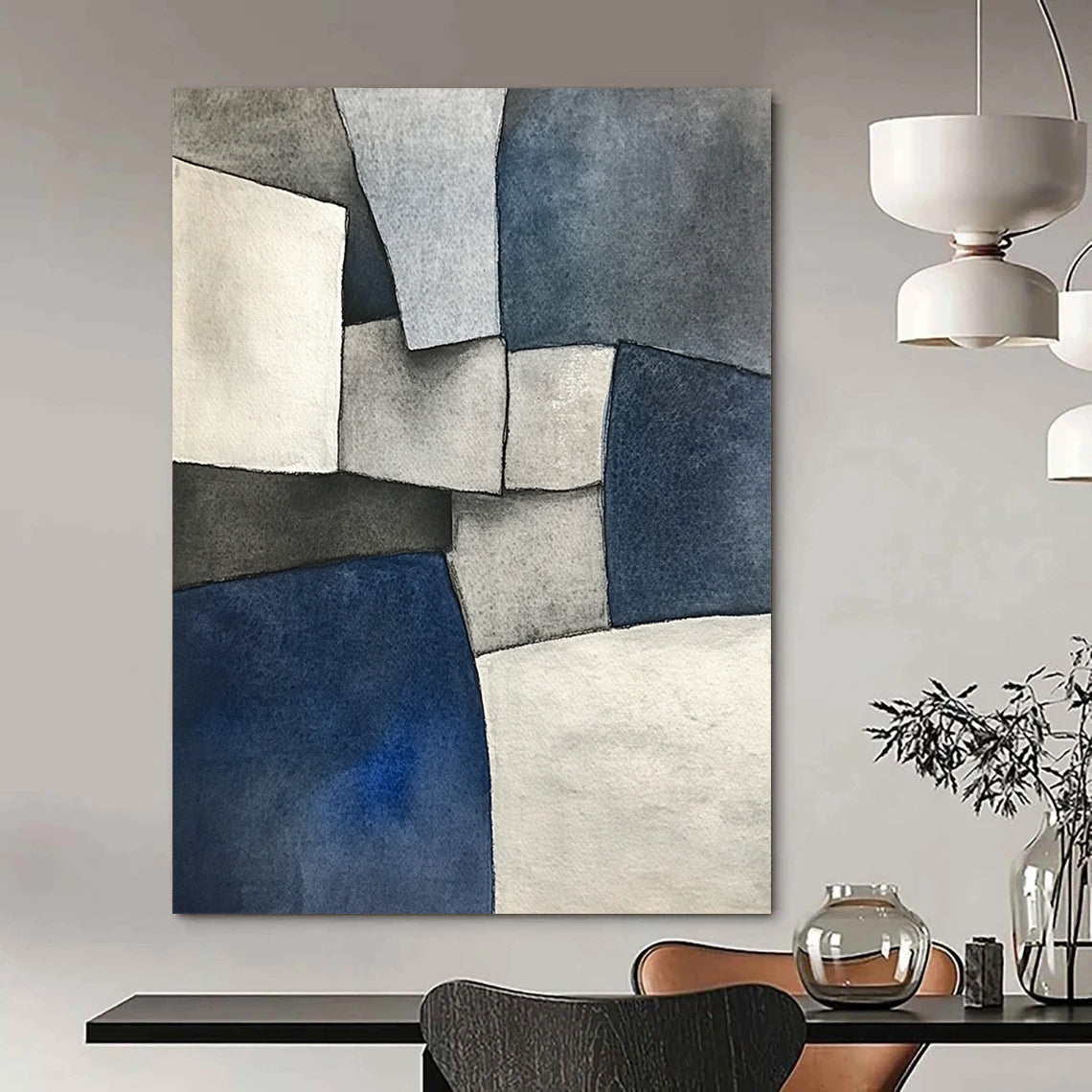 Contemporary abstract painting features deconstructed tailoring in gray blue and white shapes inspired by cubism with a low-angle perspective and subtle tonal values. DLZ0813