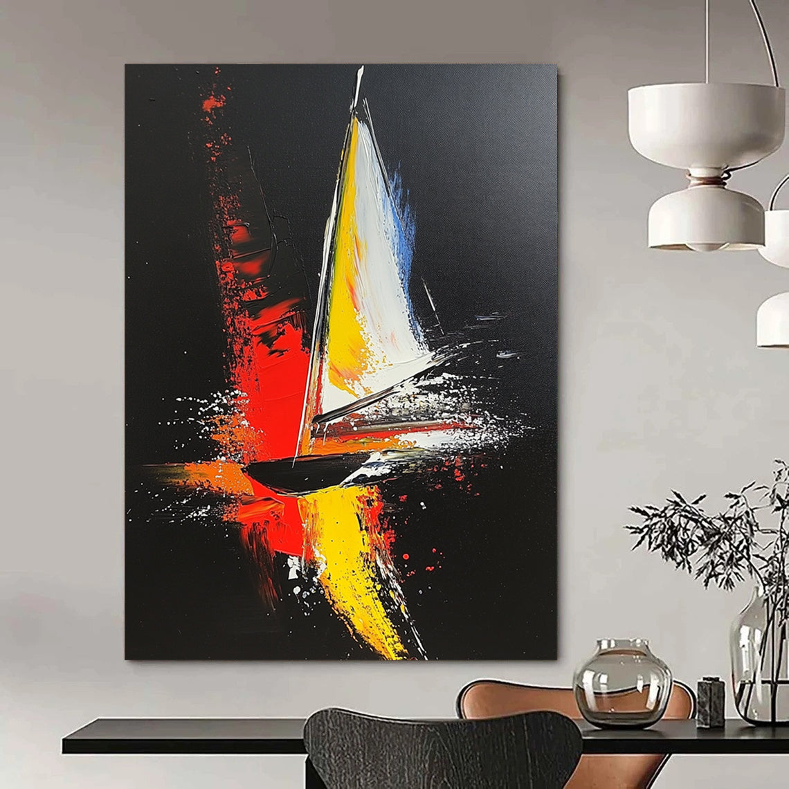 Contemporary hand-painted abstract artwork featuring a sailboat in bold red yellow and gray strokes against a striking black background with dynamic white highlights. DLZ1554