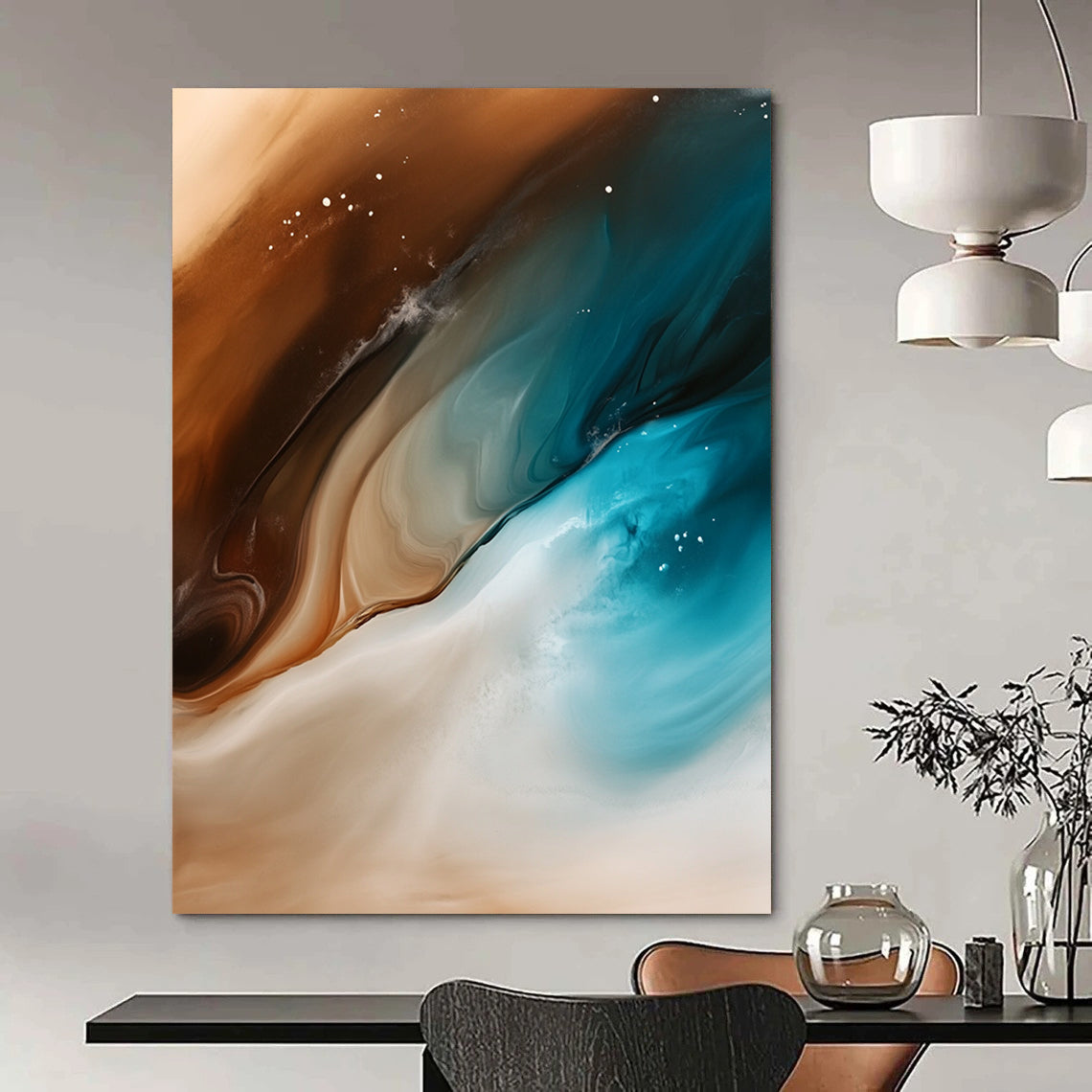 Contemporary abstract artwork features fluid shapes of sand and ocean waves in brown white teal and blue with smooth brushstrokes and a gradient background. DLZ0993