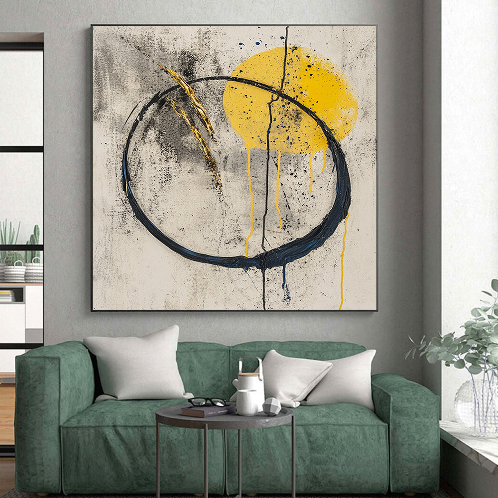 Gray, Yellow, Black, Gold, Circular Motifs "Sunrise Enso" Abstract Zen - Inspired Painting On Canvas HB057
